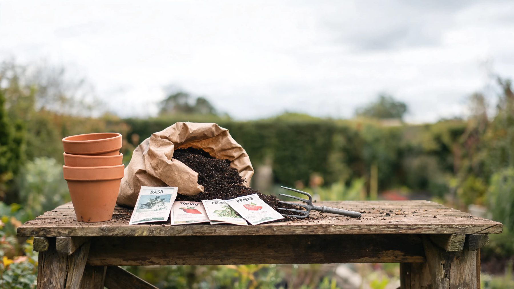 Potting bench with stacked terracotta pots, open compost and labelled seed packets